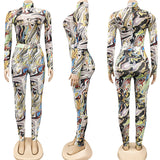 Mesh Sheer Print 2 Piece Sets Womens Outfits Long Sleeve Bodycon Bodysuit Top and Pants Leggings Set Clubwear Matching Sets-Outfit