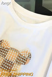 Women's Casual Suits Bear Print O-Neck Short Sleeve Diamond T-Shirt + Checkerboard Elastic Waist Trousers 2 Piece Pants Set