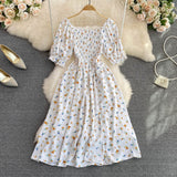 Summer New French Soft Style Sweet American Collar Bubble Short Sleeves Waist Show Thin Forked A-Shaped Dress-Outfit