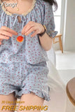 Print Summer Pajamas Set Women Shirts Tops + Shorts Set Two Piece Ruffles Sweet Home Suit Home Clothes