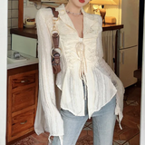 Front Tie Ruffle Long Sleeves Blouse-Outfit