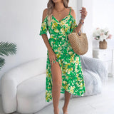 And Summer Out-To-Shoulder Cross V-Neck Flower Sling Dress Holiday Dress Women's