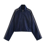 Fongt Women's INS Explosion Fashion Casual Splicing Striped With Denim Jacket + Trousers Set
