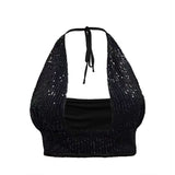 Women's Metal Sequins Low-Cut Tie Vest Sexy Deep V Navel Blouse-Outfit