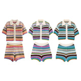 Fongt 钩编 POLO T-Shirt Blouse Striped Crochet Shorts Set For Spring
