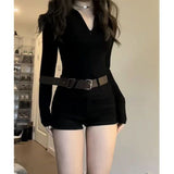 Simple V-neck Long Sleeve Slim Fit Black Tops Women+ Y2k Grunge High Waist Split Shorts 2024 Summer New Two Piece Sets-Outfit