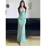 Mint Green Print Mesh Seaside Holiday Dress Cold Hot Girl Inside The Slings Fishtail