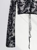 Fongt Black Print Drawcord V-Neck Long-Sleeve T-Shirt For A Summer Spice Girl Is Chic With A Strap-Outfit