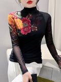 Winter Locating Printed Floral Mesh T-shirt Tee Lady Turtleneck Long Sleeve Double Layered Base T Shirts-Outfit