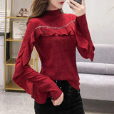 Solid Color Ruffles Spliced Shirt Spring Autumn Slim Basic Half High Collar Female Clothing Chic Diamonds Knitted Blouse-Outfit