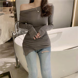 Shoulder Skew Collar Solid Full Sleeve T-shirts Girls Sexy Chic Irregular Split Tshirts Tops For Woman 2023 Autumn-Outfit