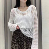 New Summer Style Thin Hollowed-Out Sweater Women's Round Collar, Long Sleeves, Loose Jackets, Fashion Blouses-Outfit
