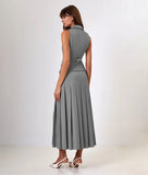 Buttoned Vest And Pleated Midi Skirt Two Piece Set-Outfit