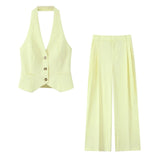 Fongt Women's Explosive Neck Vest + Wide Leg Trousers Set
