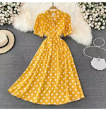 Fongt Summer French Retro Skinny Bubble Short-Sleeved V-Neck A-Shaped Dress Elegant Temperament Long Dress
