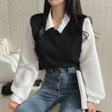 Fongt Plus Size Fat Mm Fake Two T-Shirt Female Splicing POLO Collar Long Sleeve Hoodie Screw Thread Loose Versatile