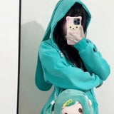 Anime Rabbit Ear Detachable Hoodie Jackets Y2k Long Sleeve Zipper Coat Women Spring New Mid-length Loose Tops Mujer-Outfit