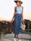Side Slit Buttoned Denim Midi Skir-Outfit