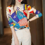 Natural Scenery Printed T-shirt Fashion Letter Animal Contrasting Colors Round Neck Spring Autumn Spliced Slim Pullovers-Outfit