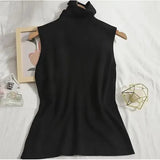 sweater vest autumn spring simple solid knitted turtleneck tank top women cozy pullover-Outfit