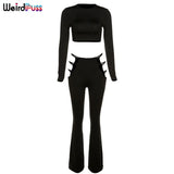 Puss Two Piece Set Women Solid Skinny Stretchy Crop Top+Slit Hollow High Waist Pants Matching Chic Streetwear Slim