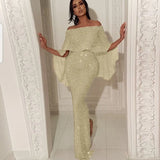 Fongt New Back Big Flounce Wrapped Chest One-Word Shoulder Dress Blingbling Wrap Buttock Slit Evening Dress-Outfit