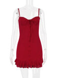 Red Lace Patchwork Buttoned Mini Dress-Outfit