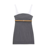 Spring Style With Belt Splicing Short Dress 3152308-Outfit