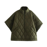 Fongt Half Zipper Loose Waterproof Cloak Type Cotton Coat Female Half Sleeve Diamond Lattice Wire Padded Coat-Outfit