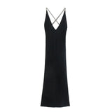 New Summer Woman Slim Knitting Dress Sexy Back Hollowed Out Off Shoulder Sling Chain Decoration Long