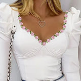 Fongt New Women's Lace Lace Decorated With Bubble Sleeves Long Sleeves V-Neck T-Shirt Slim