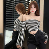 Shoulder T Shirt Spring Autumn Slim Casual Expose Navel Stripe Long Sleeves Women's Crop Top Korean Version-Outfit