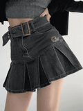Buckle Belt Pleated Denim Mini Skirt-Outfit