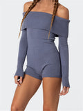 Women Knitted Playsuits Solid Color Slash Neck Off Shoulder Short Jumpsuits Long Sleeve Slim Rompers Clubwear 2024-Outfit