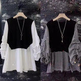 Women's Clothing Korean Houndstooth Blouse Stylish Drawstring Spring Autumn O-Neck Patchwork Casual Fake Two Pieces Folds Shirt-Outfit