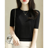 Sweater T-Shirt Women's Wear New Summer Half-High Collar Chic Premium Ice-Sensitive Silk Black Blouse Thin-Outfit