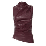Women Y2K Vintage Pu Simple Basic Tank Top High Waist Skinny Shrunk Slash Cut Sleeveless Tops Versatile Noble Shirts-Outfit