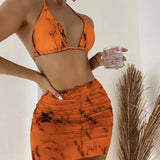 2022 New Marble Printed Mesh Three-Piece Short Skirt Swimsuit
