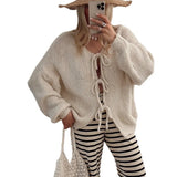 Fongt Autumn Winter New Round Collar Long Sleeve Top Pink Lace Sweater Lazy Wind Women's Cardigan