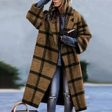 2023 Winter Women's Windbreaker Long Sleeve Long Button Lapel Coat Woolen Coat Casual Plaid Letter Printing Commuting Warmth-Outfit