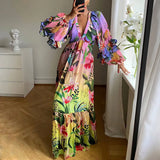 Fongt Summer New Printing Gradient Lotus Leaf Side V-Neck Sexy Lanky Long Dress