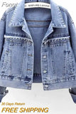 Denim Jacket Women Rivet Diamond Jean Coat 2023 Spring Autumn Blue Small Outerwear Casual Tops Lady All-match
