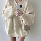 Solid Color V-Neck Oversized Sweater-Outfit