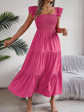 Shooting 2025 Summer Solid Color Square Lead Wood Ear Waist A Word Dress Women's
