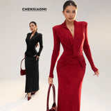 Fongt And Winter New Women's Fashion Elegant Round-Collar Knitted Dress Striped Dress Long Thin