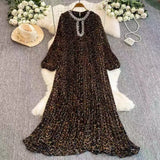 Fongt Elegant Dress Women Fashion Nail Drill Hollow Round Long Sleeves Loose Thin Leopard Embossed Skirt
