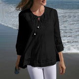 Summer Lace Crochet Blouse Women Elegant 3/4 Sleeve Patchwork Shirt Casual Hollow Out Tops Solid Loose Work Blusas
