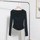 Side Bow Tie Design Folded Long-Sleeved T-Shirt Slim Thin Autumn Dress T-Shirt Short Top