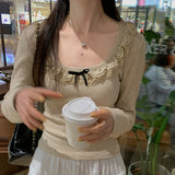 Lace Collar Bow Tie Bottom Shirt Women's New Spring Blouse Design Sense Minority Wear Long-Sleeved