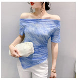 Printed Mesh Tee Shirt Female Slash Neck Short Sleeve Irregular T Shirts Women Summer T-shirt Top-Outfit